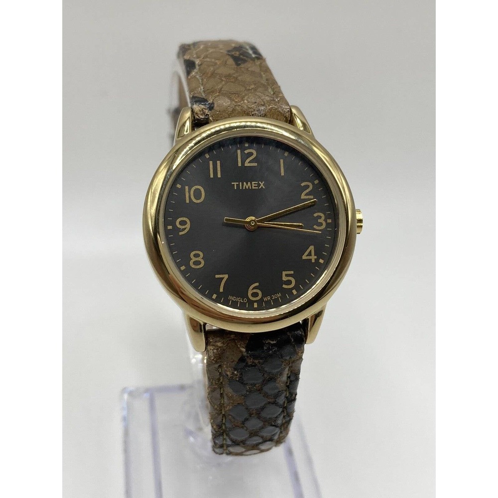 Timex Watch Ladies Gold Tone Gray Dial Snake Skin Leather Band New Battery
